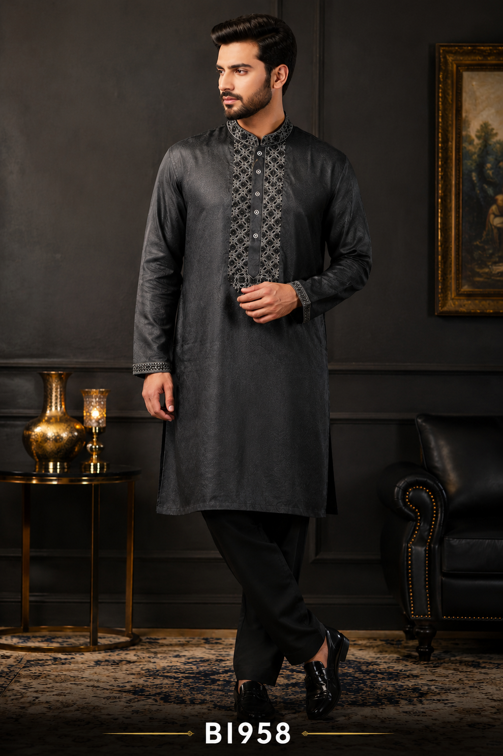 Charcoal Black Embroidered Panjabi