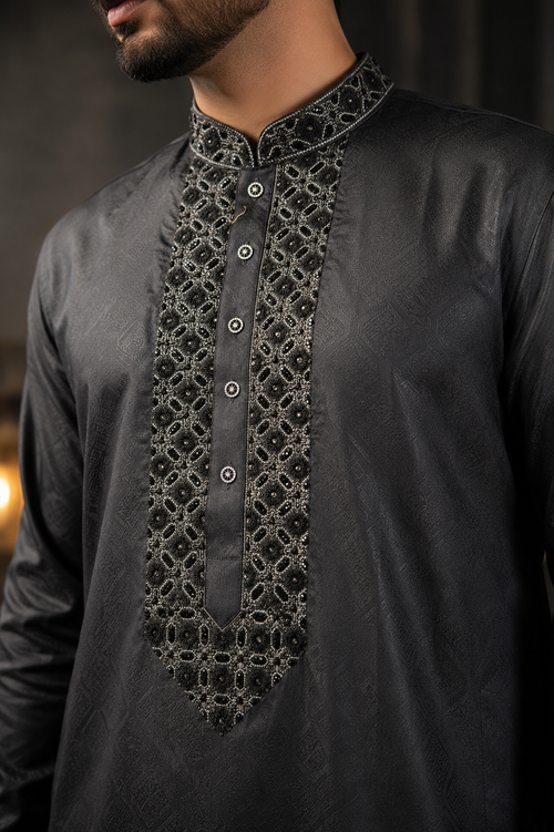 Charcoal Black Embroidered Panjabi