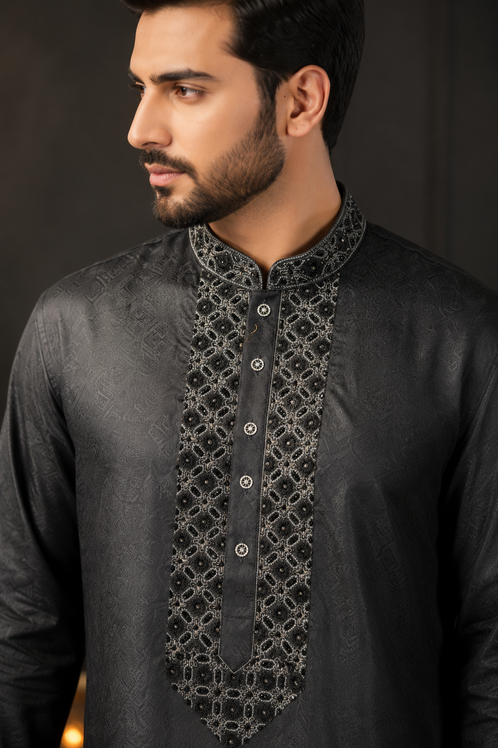 Charcoal Black Embroidered Panjabi