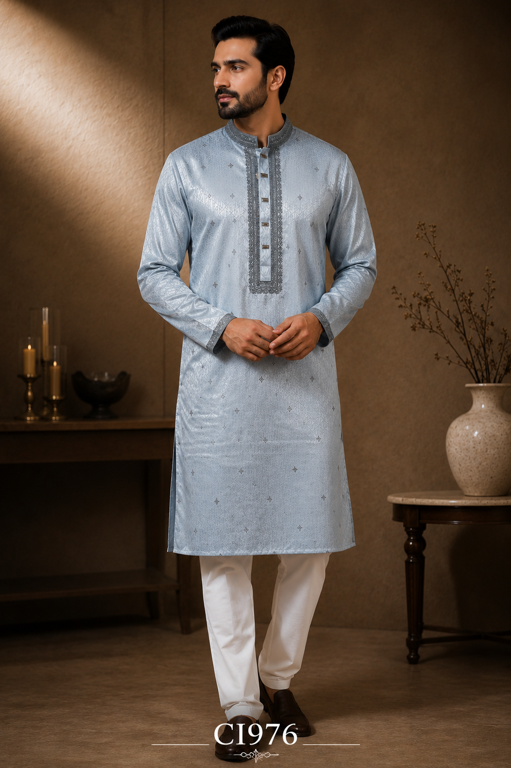 Ice blue jacquard panjabi