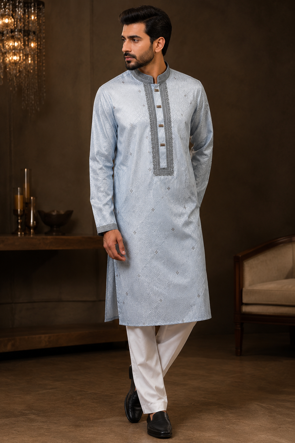 Ice blue jacquard panjabi