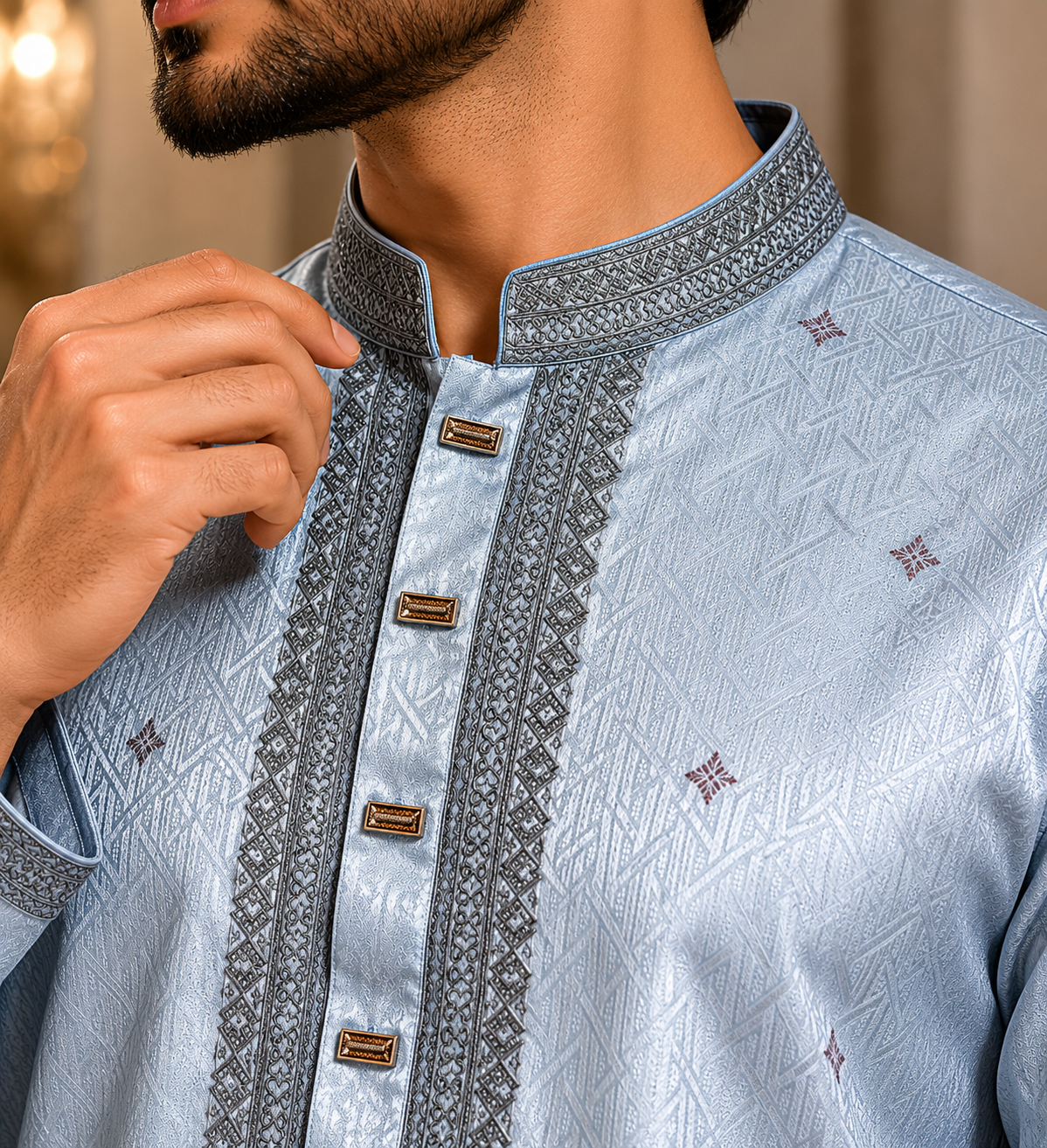 Ice blue jacquard panjabi