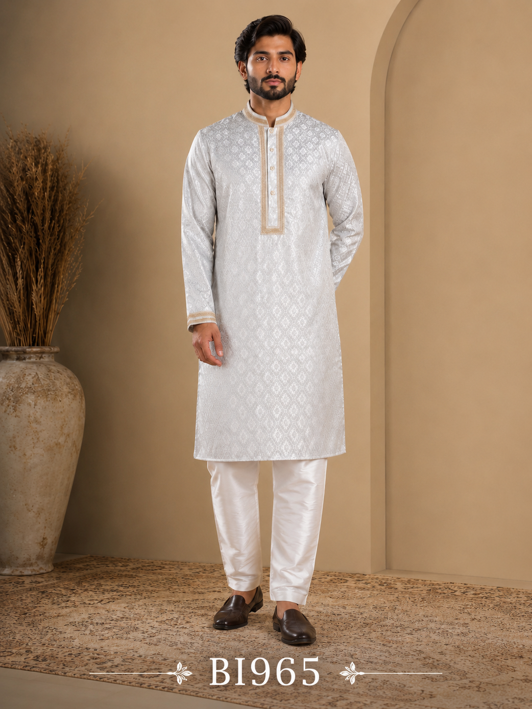Pearl white jacquard panjabi