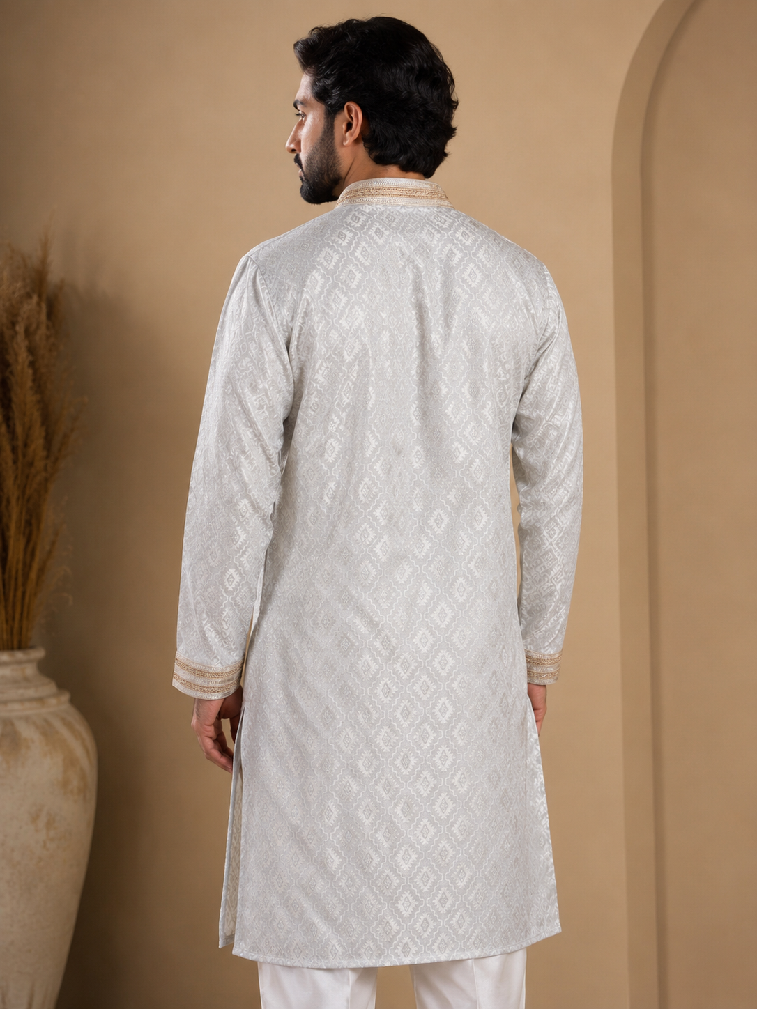 Pearl white jacquard panjabi