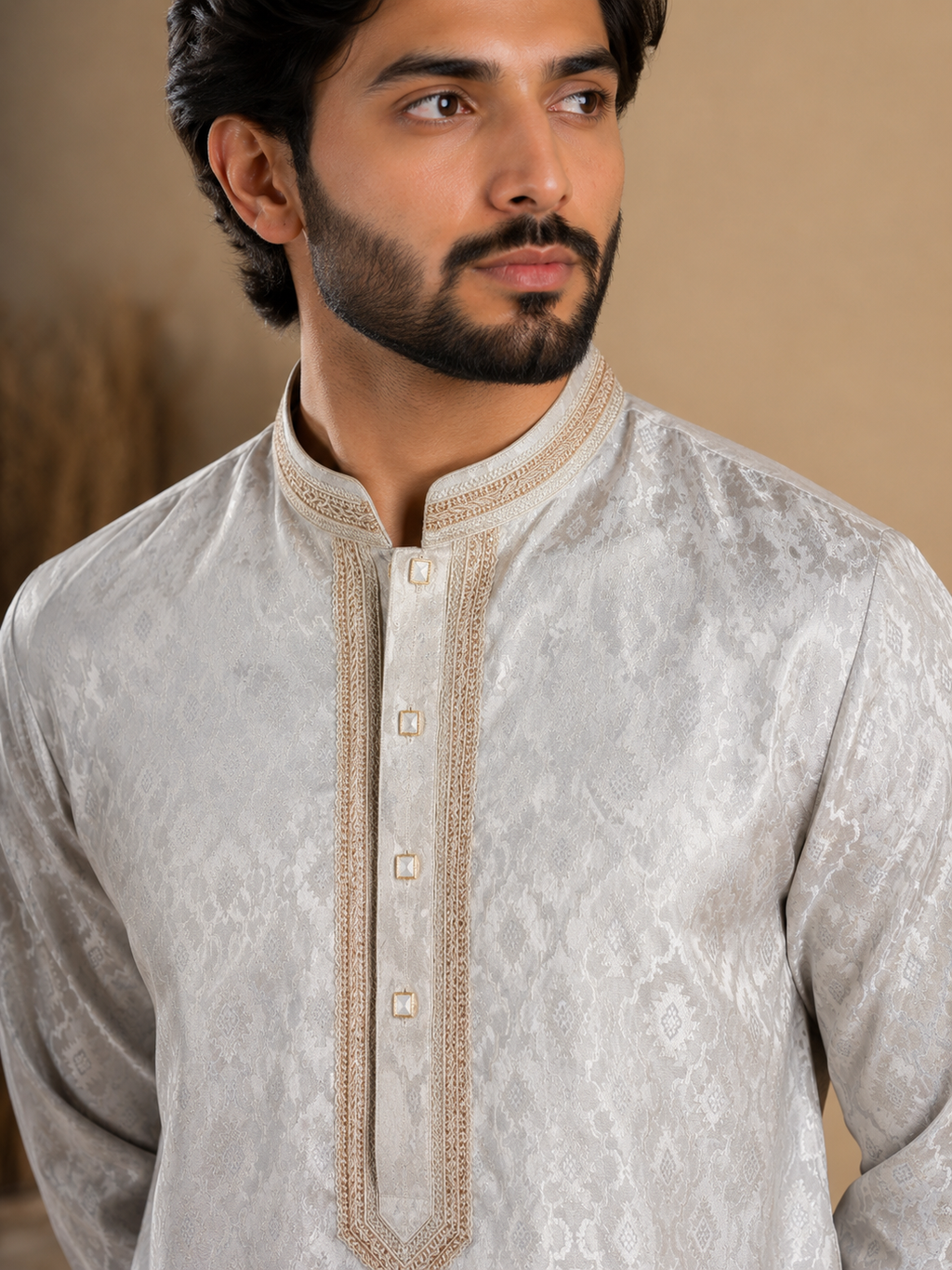 Pearl white jacquard panjabi