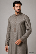 Taupe Textured Panjabi with Embroidered Collar – Premium Men’s Traditional Wear