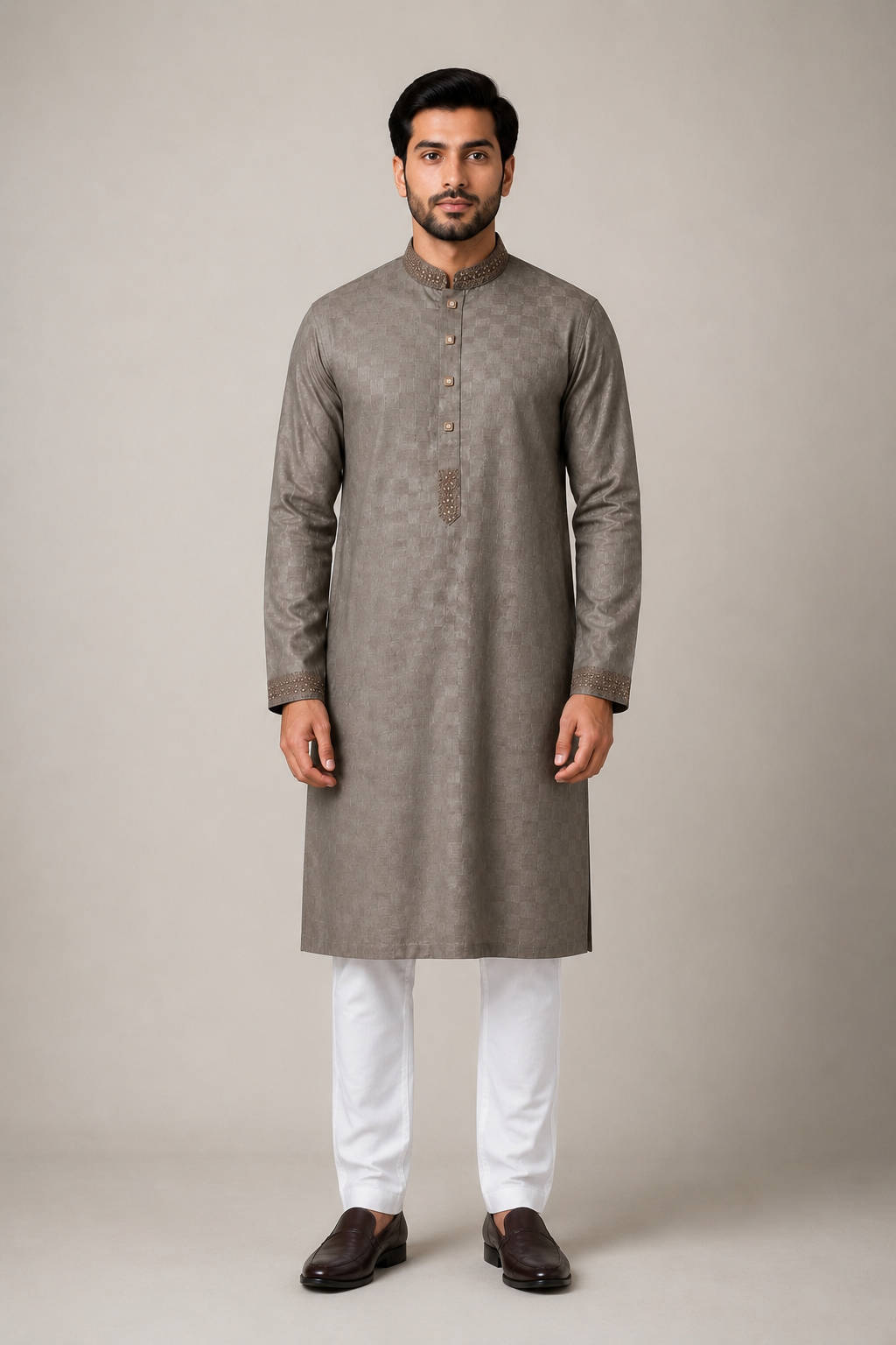 Taupe Textured Panjabi with Embroidered Collar – Premium Men’s Traditional Wear