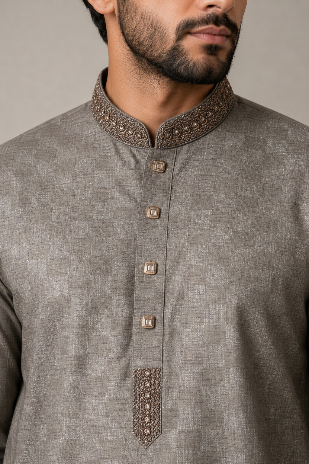 Taupe Textured Panjabi with Embroidered Collar – Premium Men’s Traditional Wear