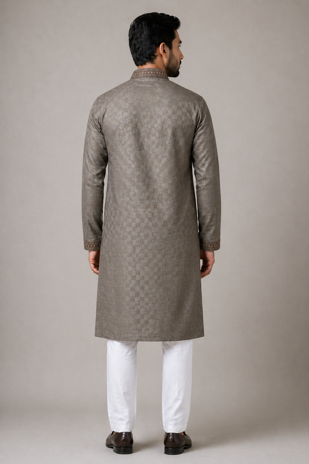 Taupe Textured Panjabi with Embroidered Collar – Premium Men’s Traditional Wear