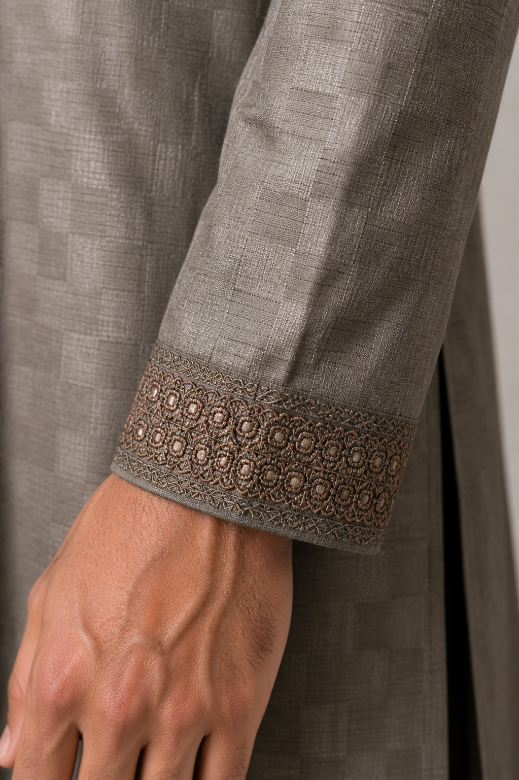 Taupe Textured Panjabi with Embroidered Collar – Premium Men’s Traditional Wear