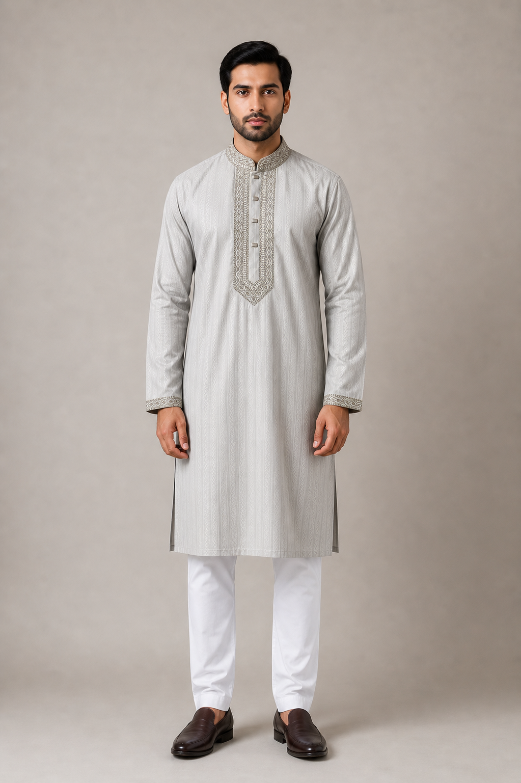 Men’s Silver Grey Embroidered Panjabi / Kurta