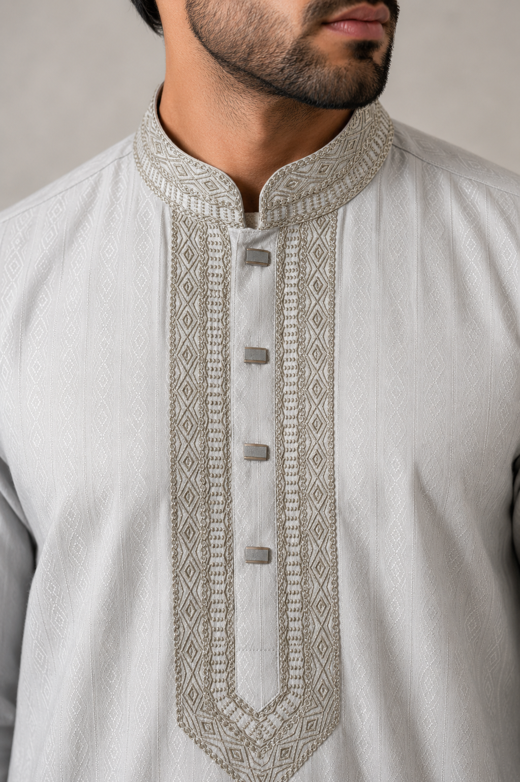 Men’s Silver Grey Embroidered Panjabi / Kurta