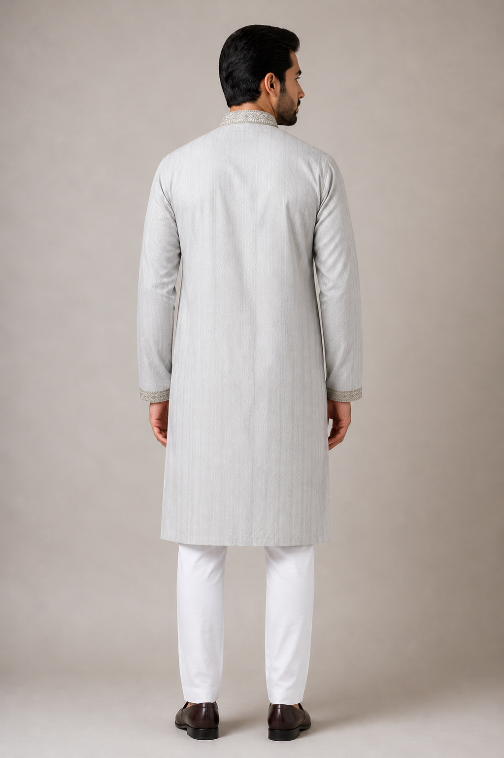 Men’s Silver Grey Embroidered Panjabi / Kurta