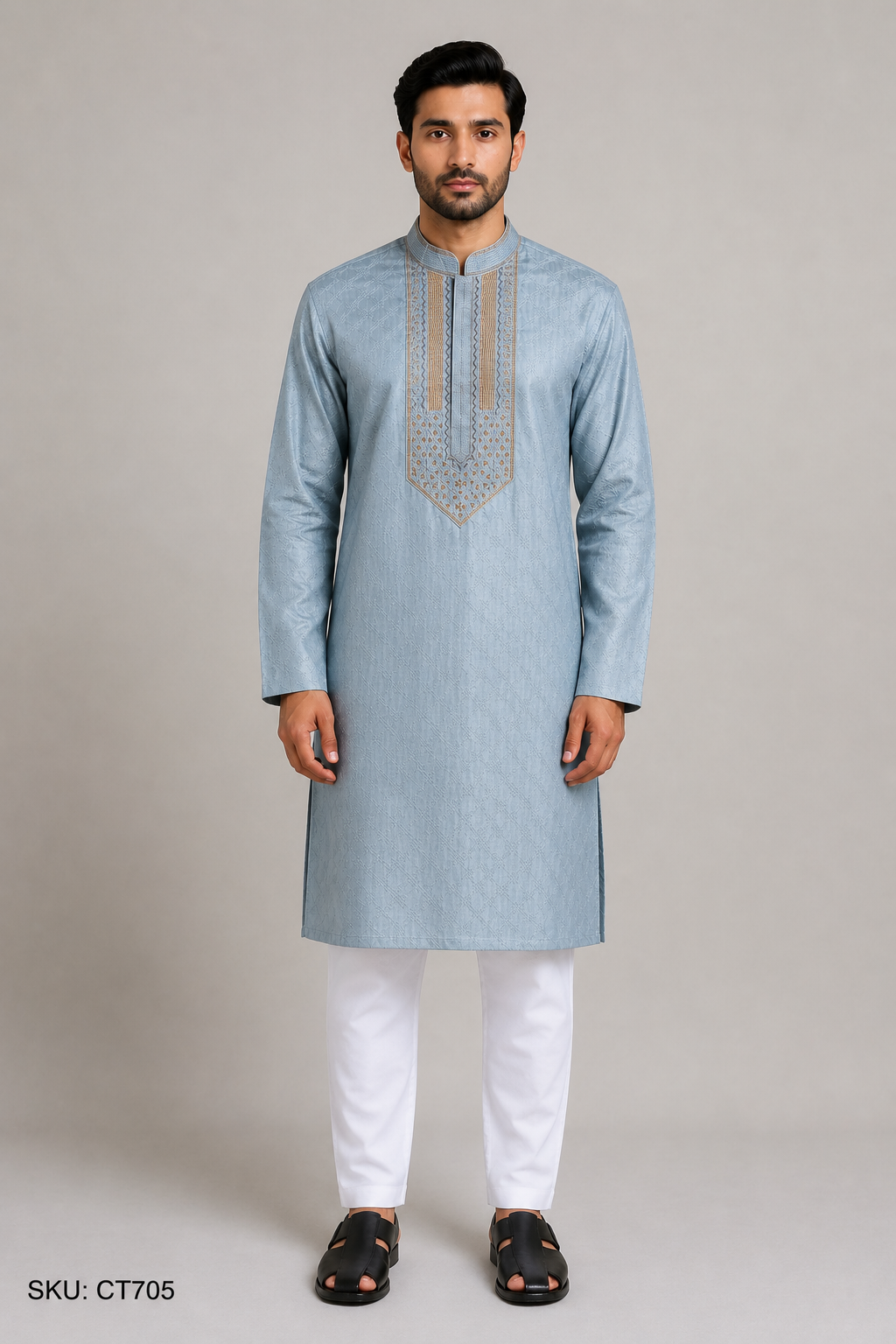 Elegant Silver-Blue Embroidered Panjabi