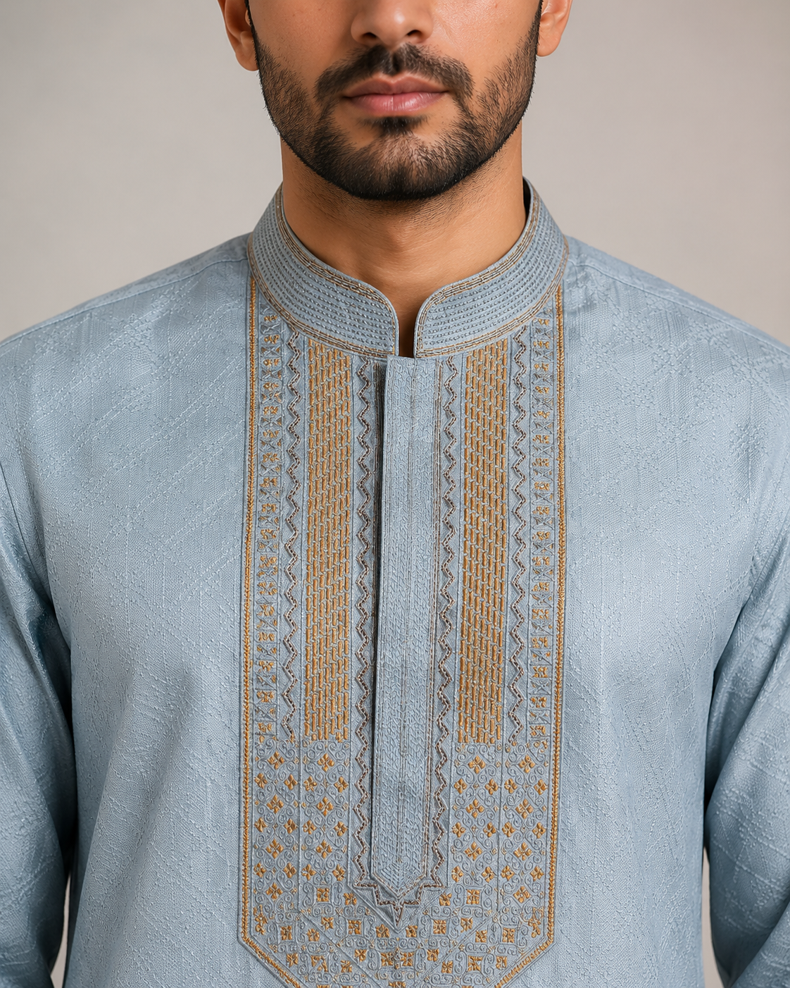 Elegant Silver-Blue Embroidered Panjabi