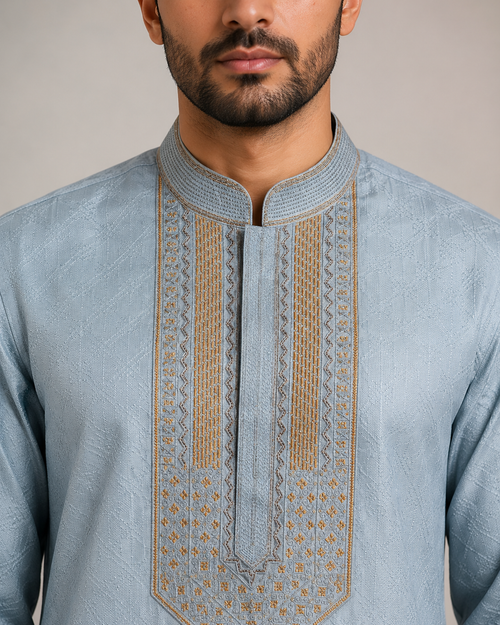 Elegant Silver-Blue Embroidered Panjabi