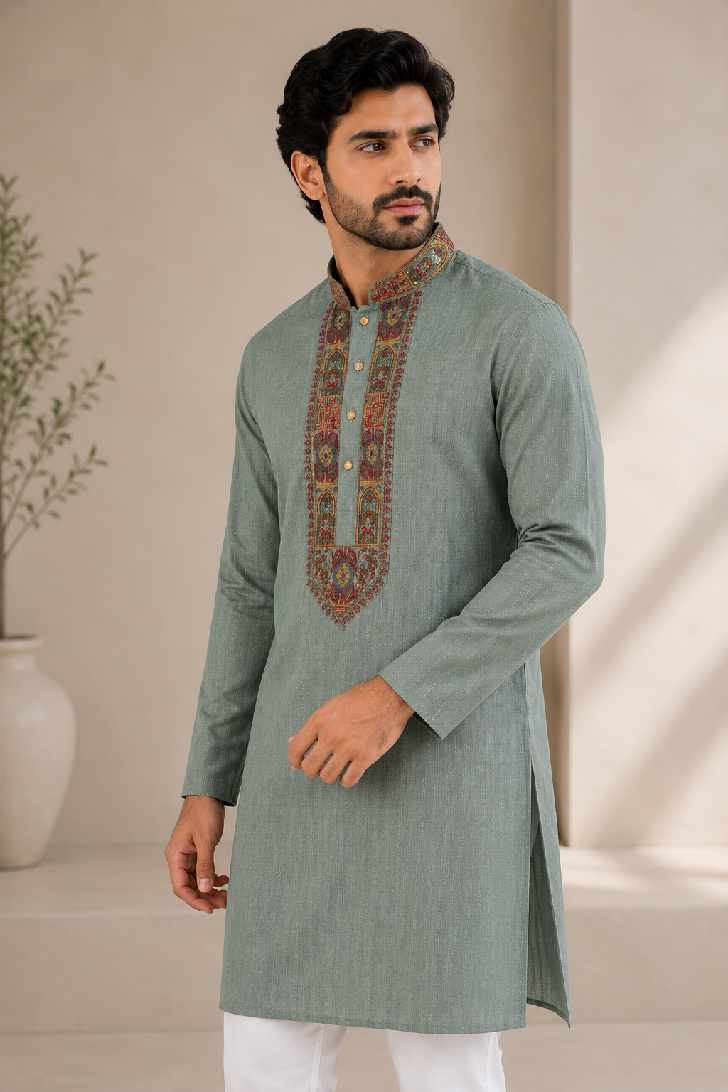 Sage Green Embroidered Men’s Kurta OT402