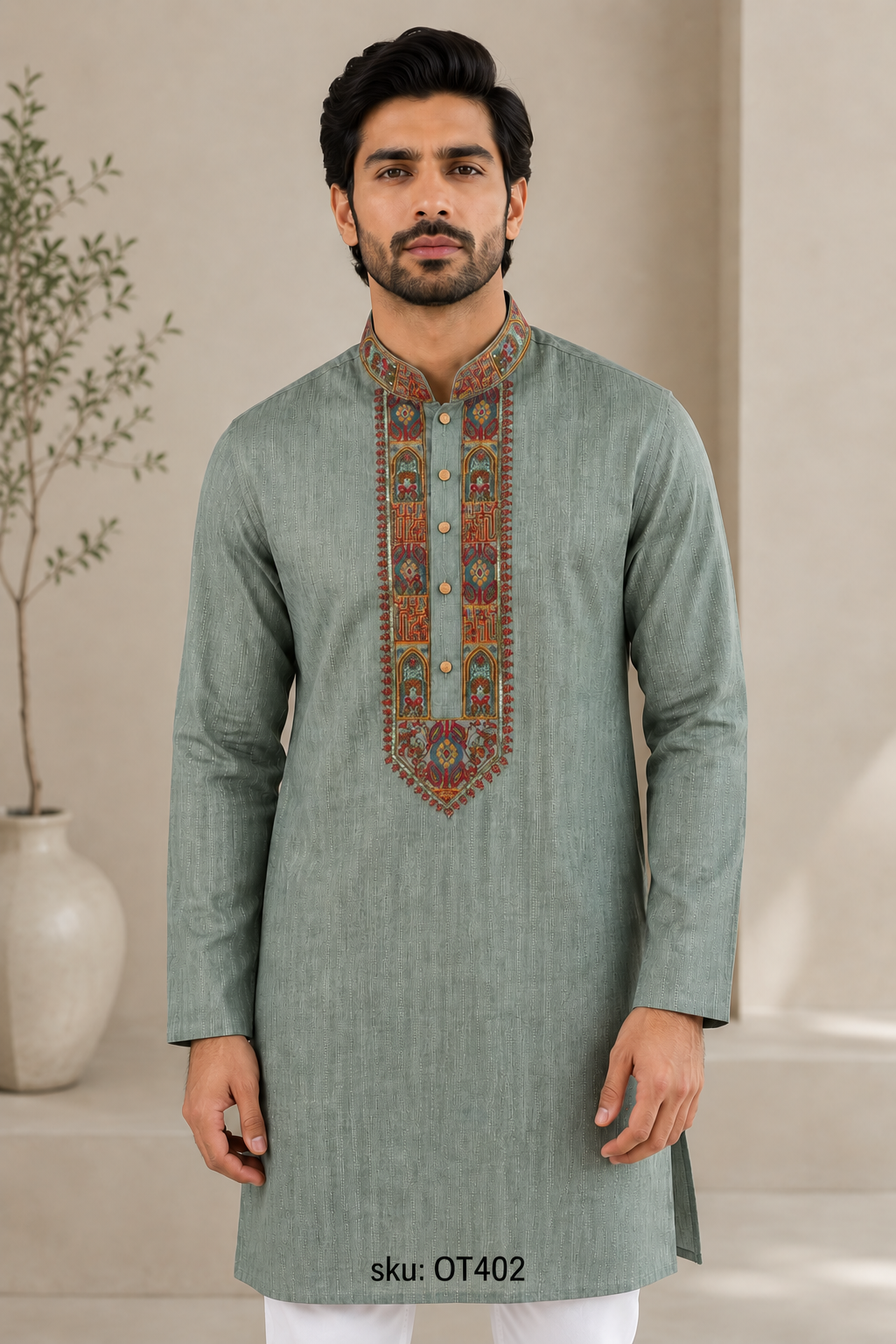 Sage Green Embroidered Men’s Kurta OT402
