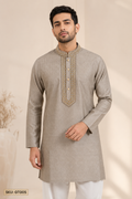 Men’s Taupe Embroidered Jacquard Kurta