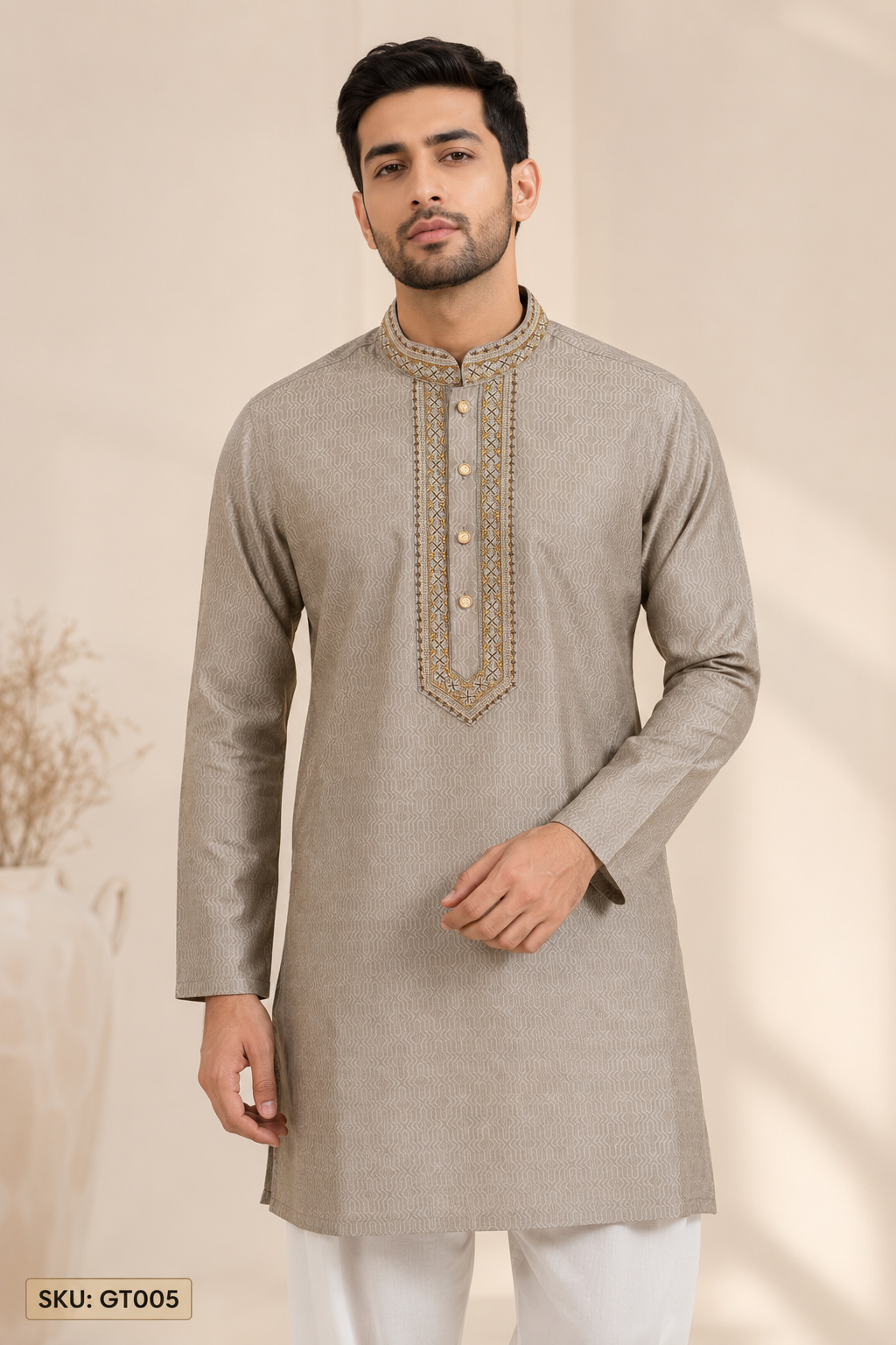 Men’s Taupe Embroidered Jacquard Kurta