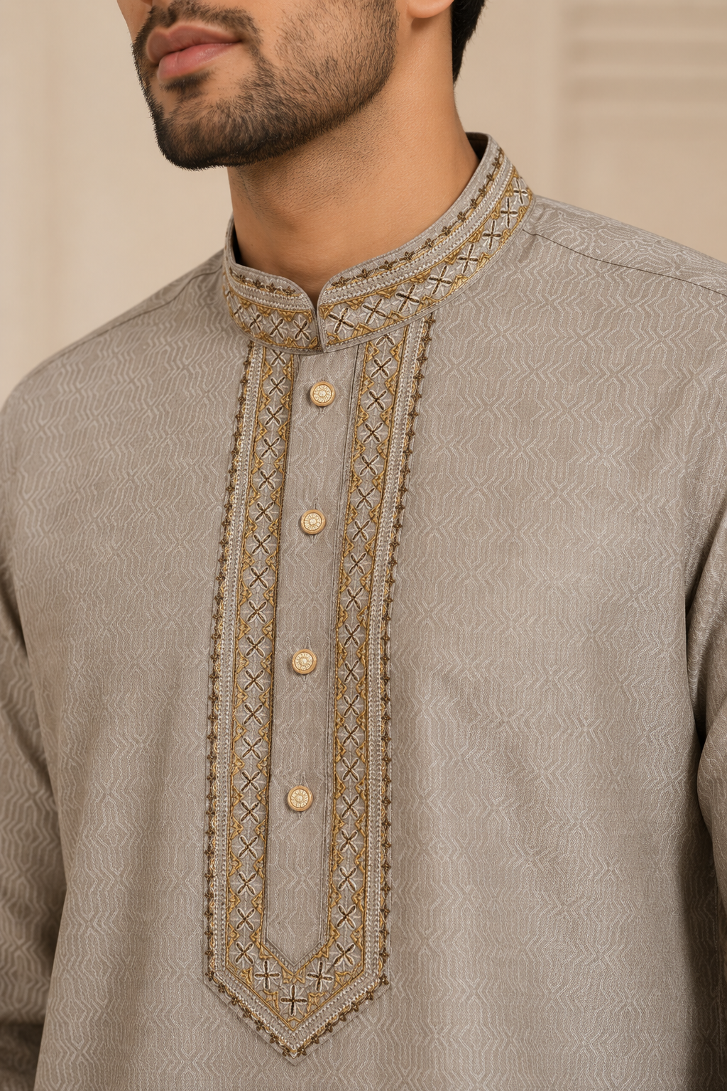 Men’s Taupe Embroidered Jacquard Kurta