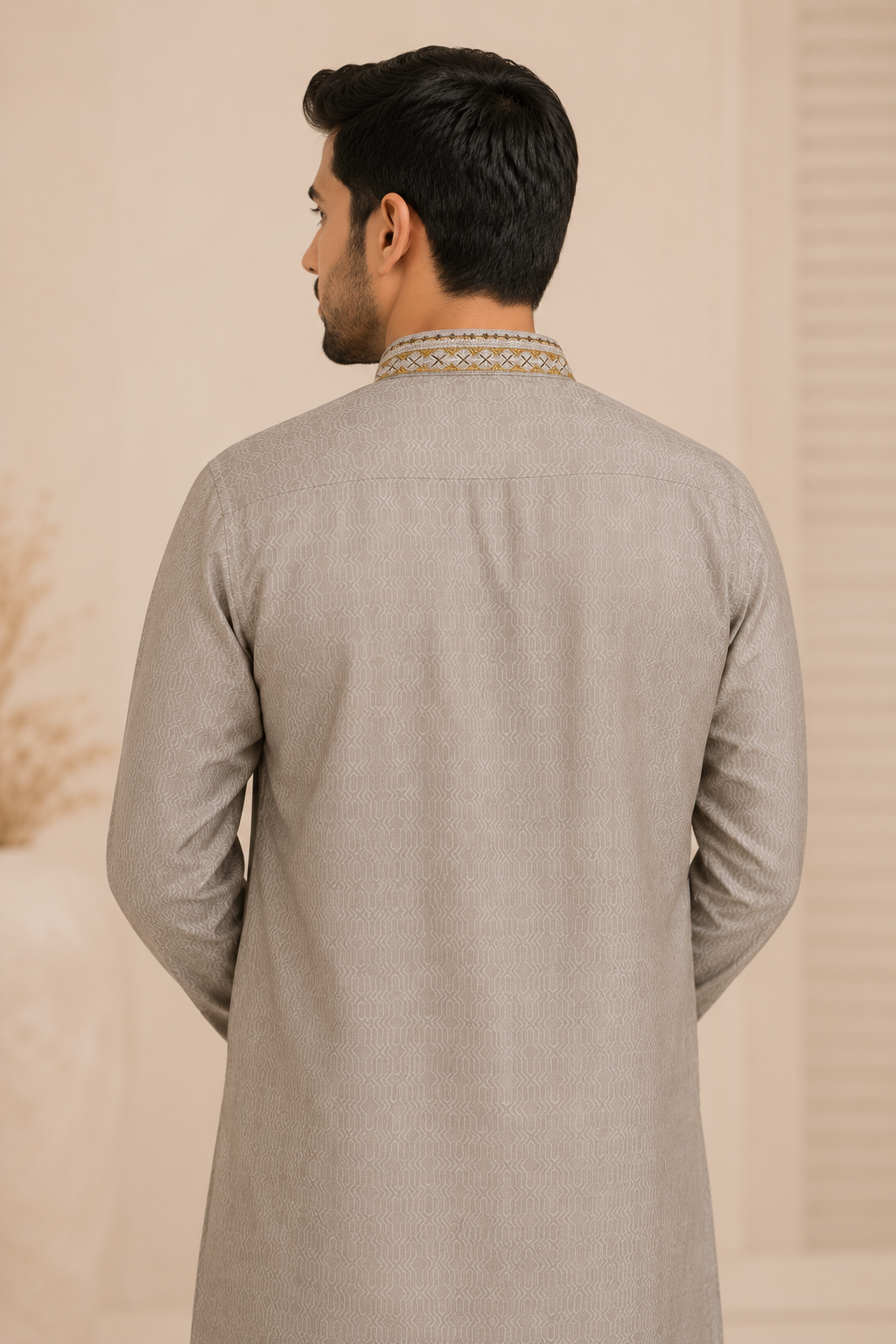 Men’s Taupe Embroidered Jacquard Kurta