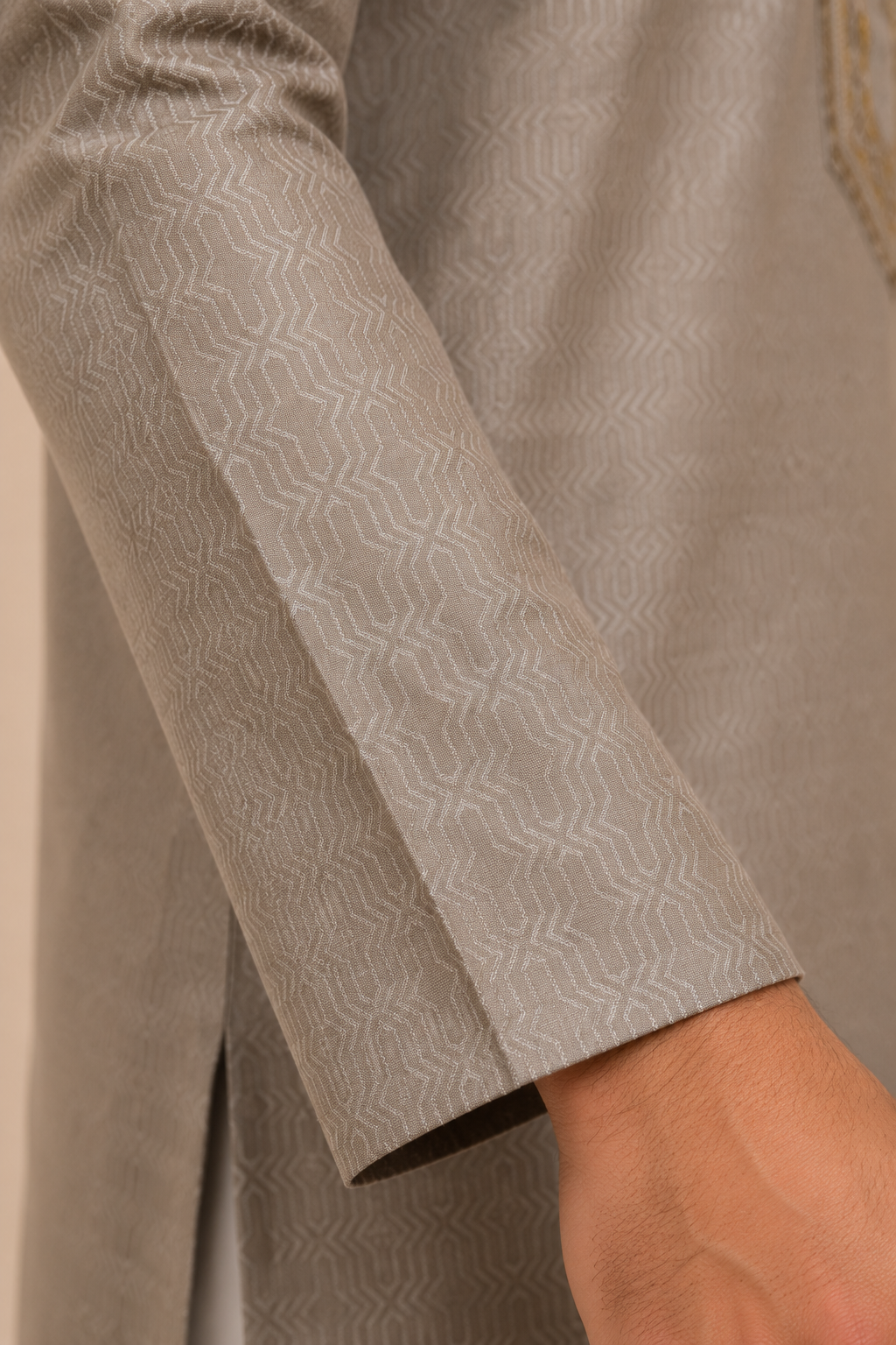 Men’s Taupe Embroidered Jacquard Kurta