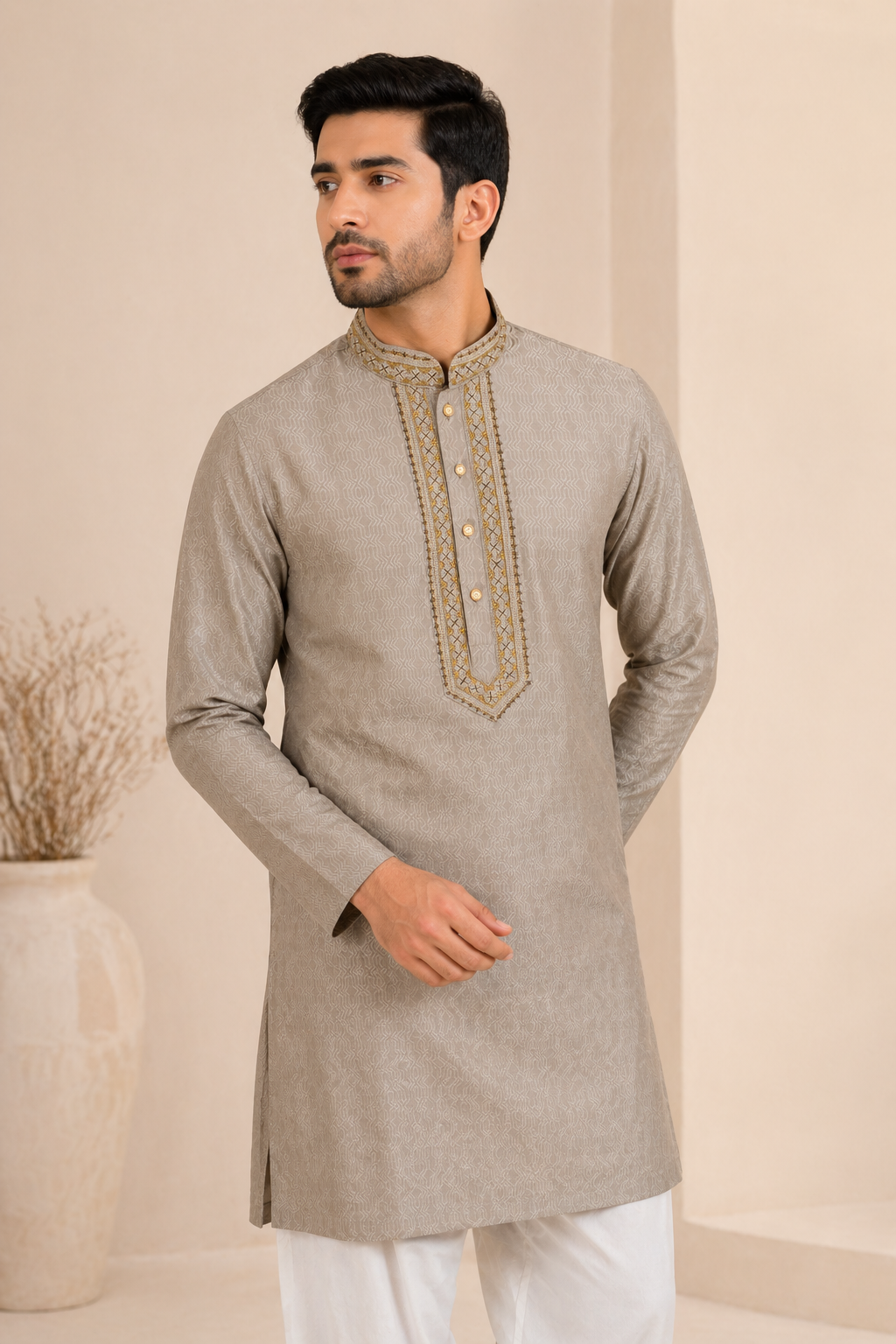 Men’s Taupe Embroidered Jacquard Kurta