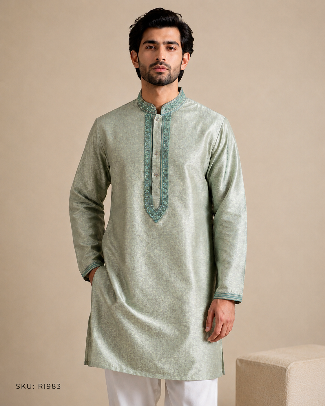 Mint Sage Embroidered Men’s Kurta with Jacquard Pattern