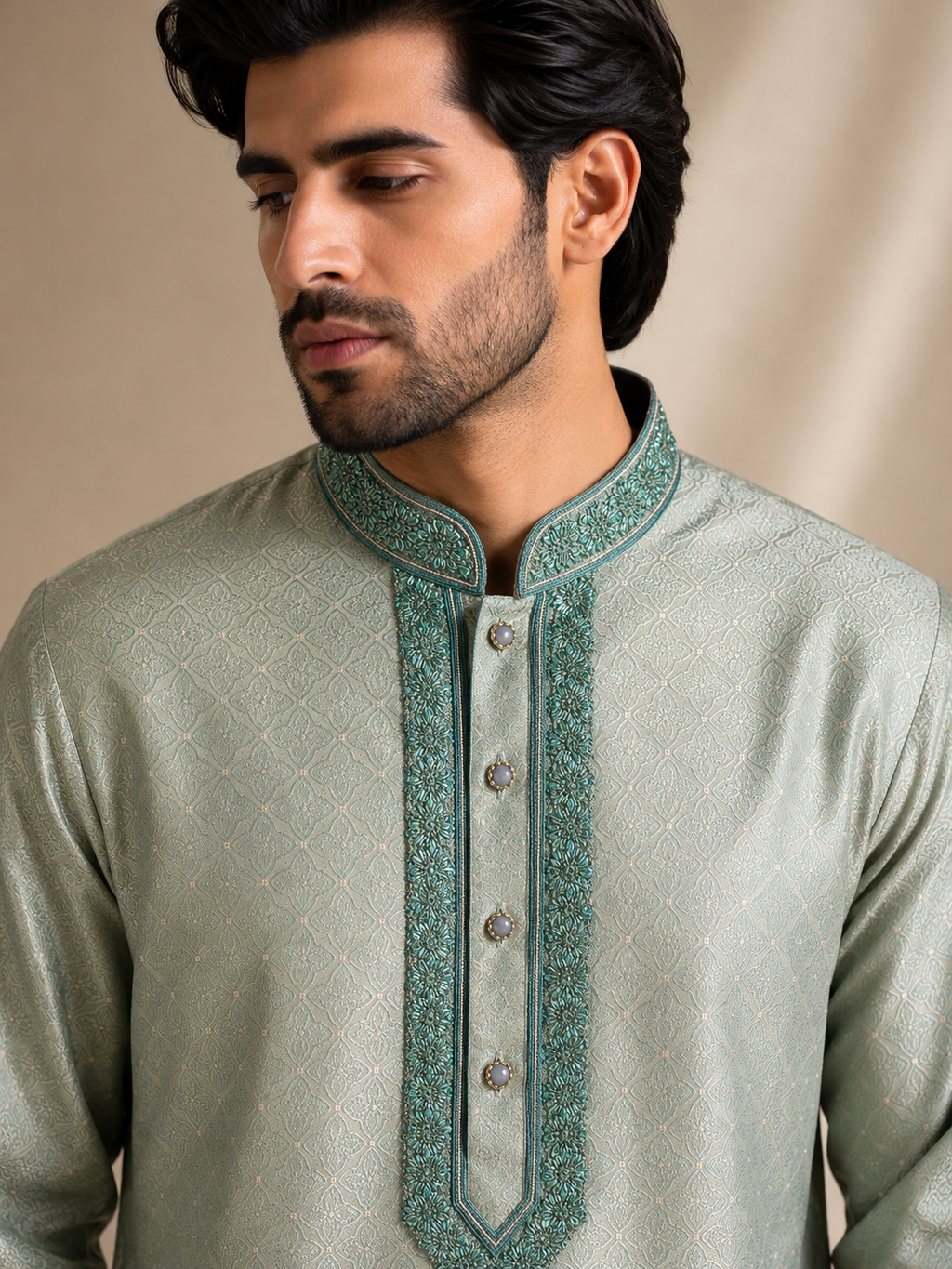 Mint Sage Embroidered Men’s Kurta with Jacquard Pattern
