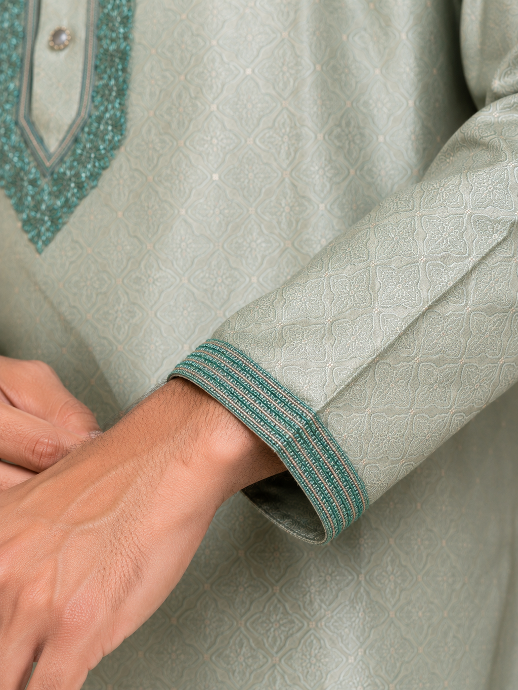 Mint Sage Embroidered Men’s Kurta with Jacquard Pattern