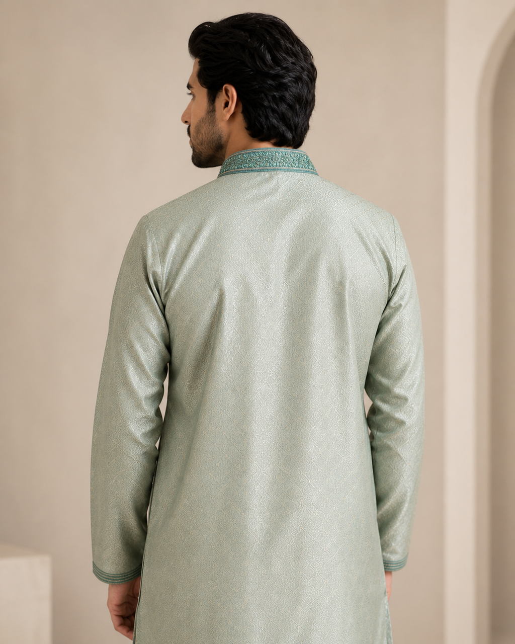 Mint Sage Embroidered Men’s Kurta with Jacquard Pattern