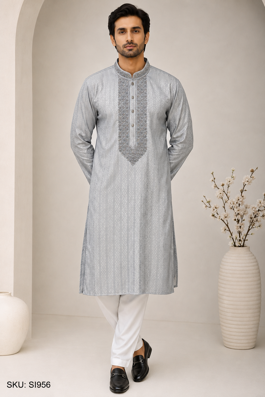 Silver Grey Jacquard Kurta