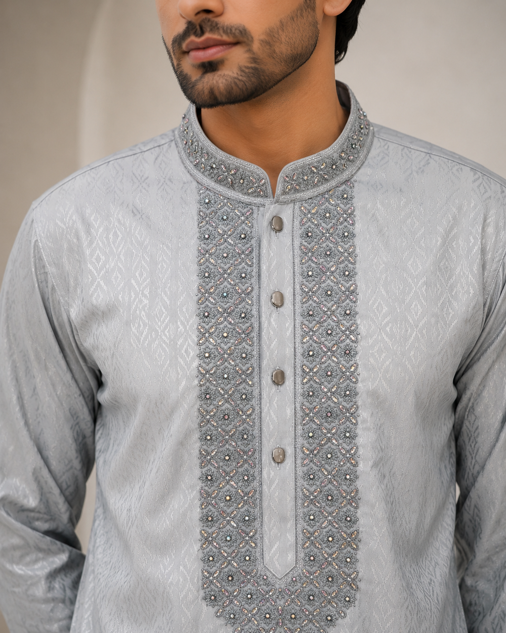 Silver Grey Jacquard Kurta