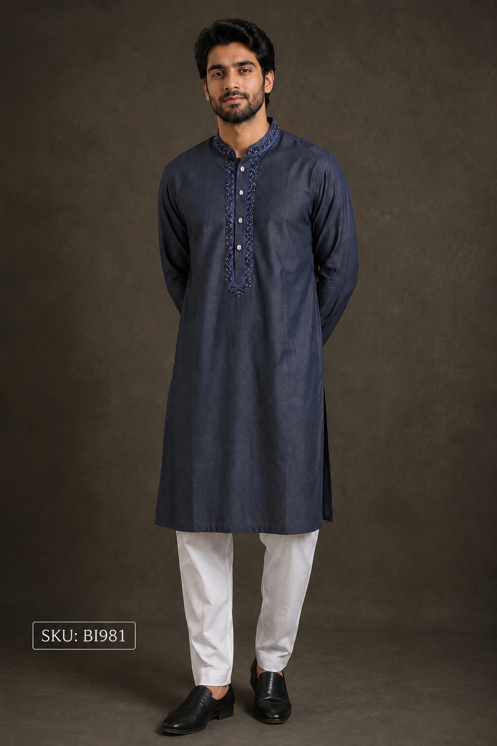 Navy Blue Kurta with Spring Work Collar