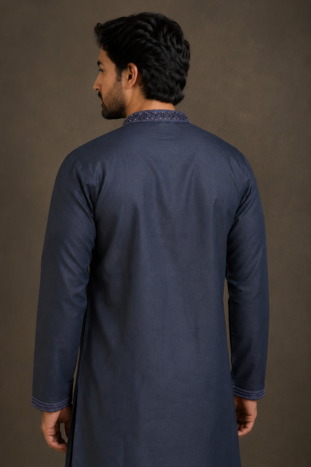 Navy Blue Kurta with Spring Work Collar