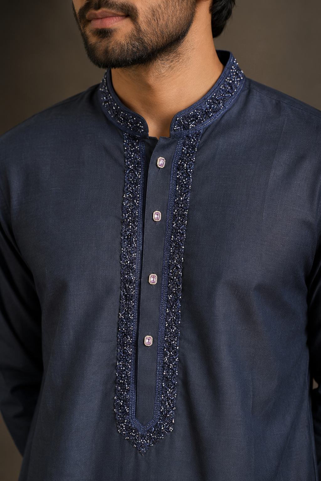 Navy Blue Kurta with Spring Work Collar