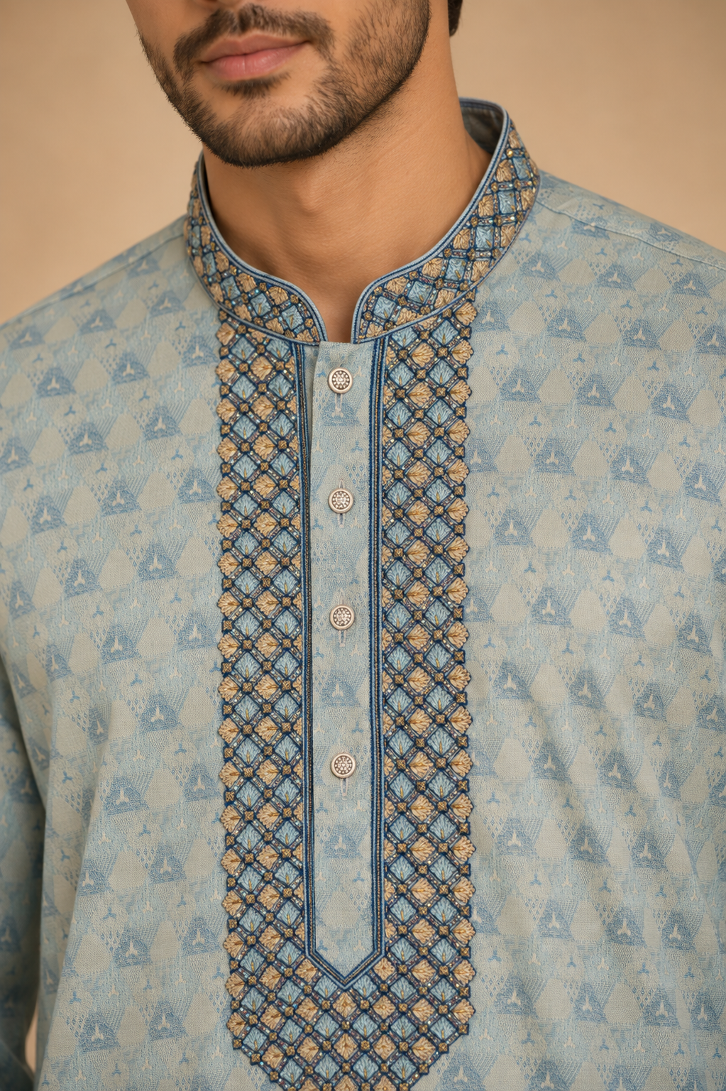 Men’s Sky Blue Embroidered Jacquard Kurta Pajama Set