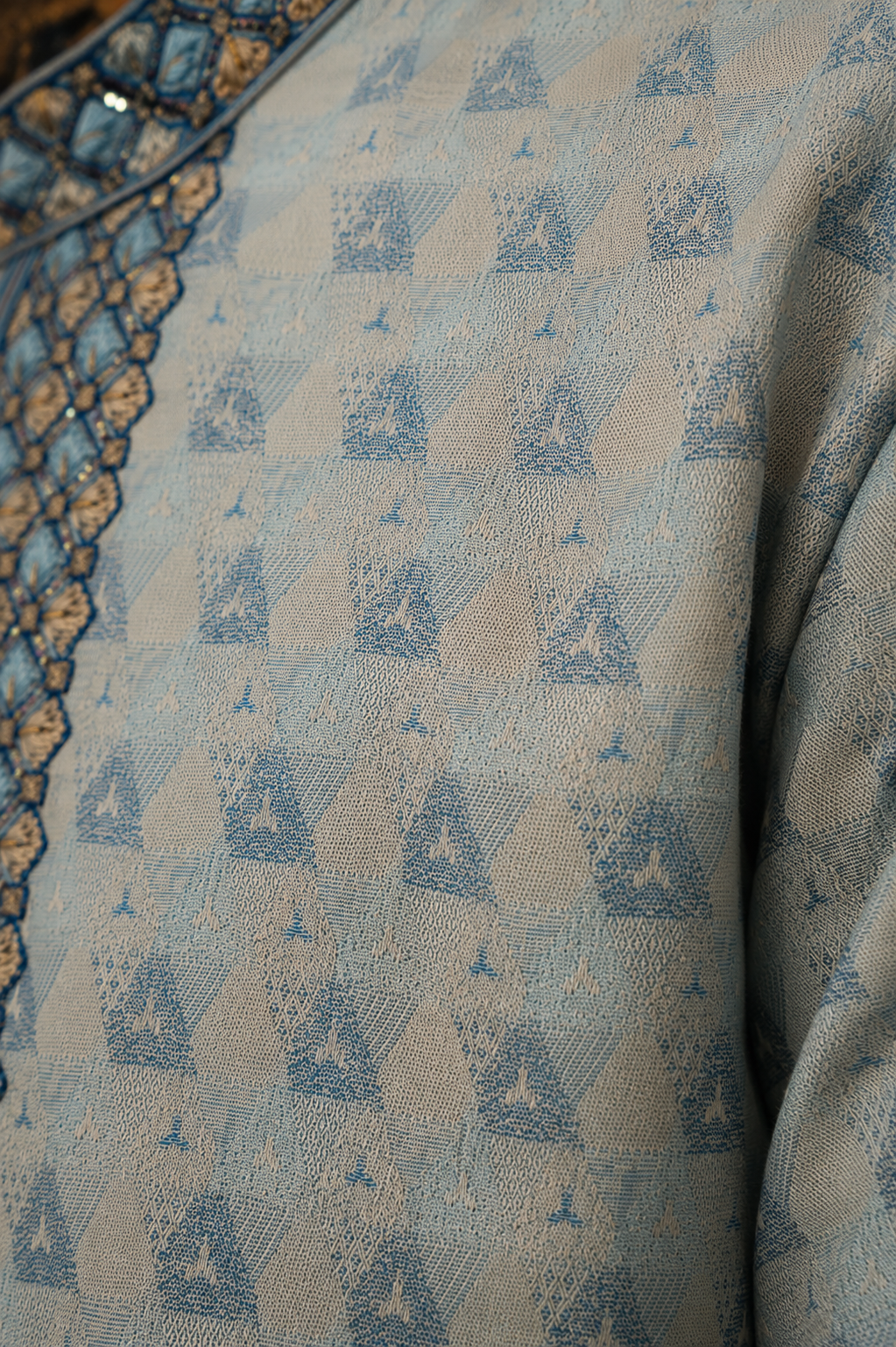 Men’s Sky Blue Embroidered Jacquard Kurta Pajama Set