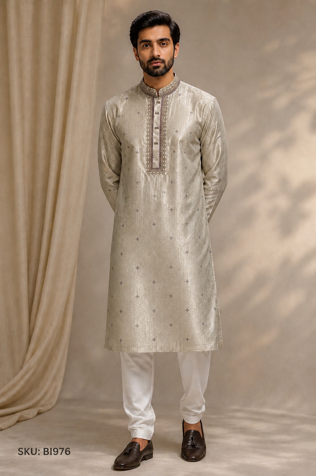 Men’s Ivory Embroidered Jacquard Kurta