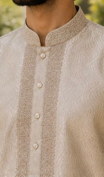 Men’s Ivory Beige Embroidered Panjabi / Kurta