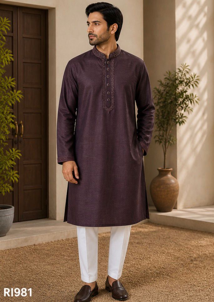 Men’s Wine Purple Embroidered Panjabi / Kurta