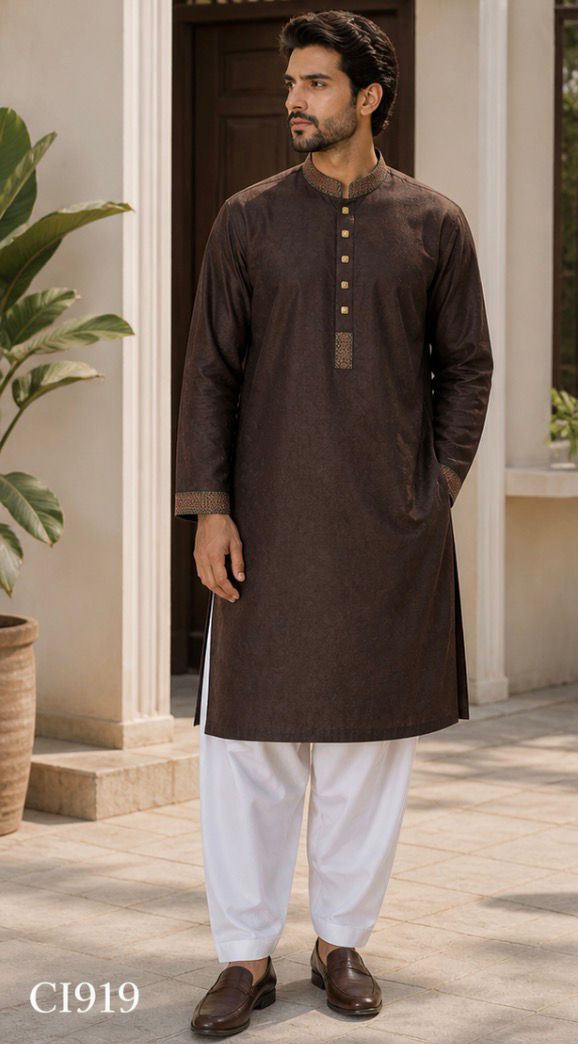 Men’s Dark Brown Embroidered Panjabi / Kurta