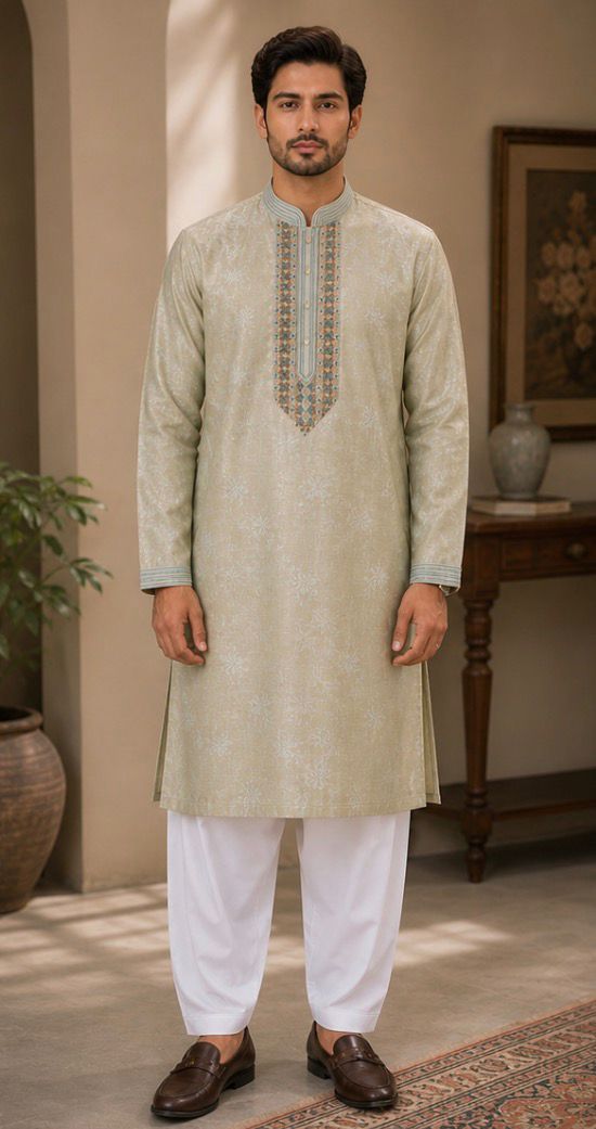 Men’s Beige Floral Panjabi / Kurta