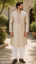 Men’s Ivory Beige Embroidered Panjabi / Kurta
