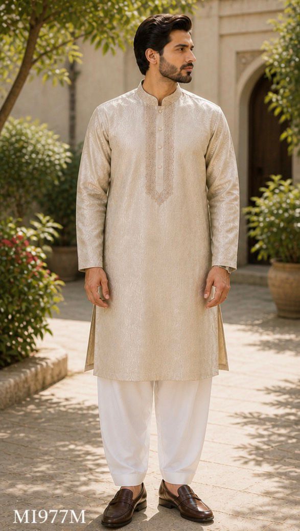 Men’s Ivory Beige Embroidered Panjabi / Kurta