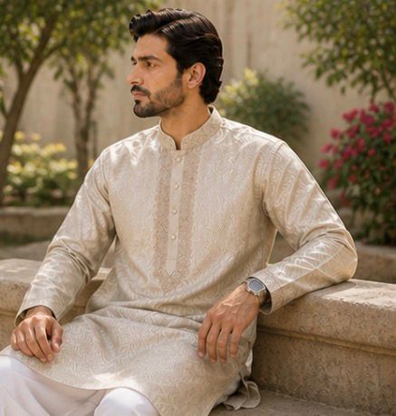 Men’s Ivory Beige Embroidered Panjabi / Kurta
