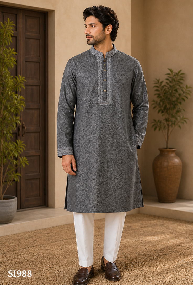 Men’s Charcoal Grey Embroidered Panjabi / Kurta