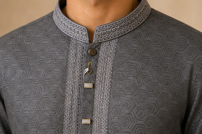 Men’s Charcoal Grey Embroidered Panjabi / Kurta