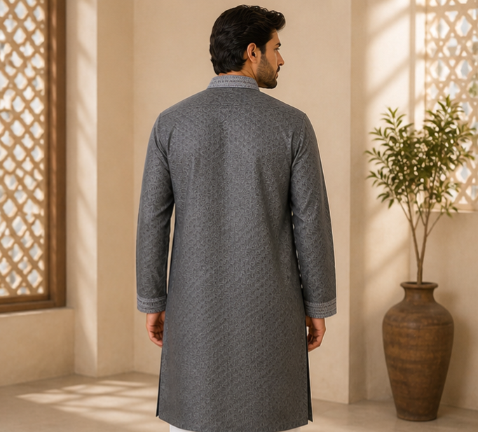 Men’s Charcoal Grey Embroidered Panjabi / Kurta